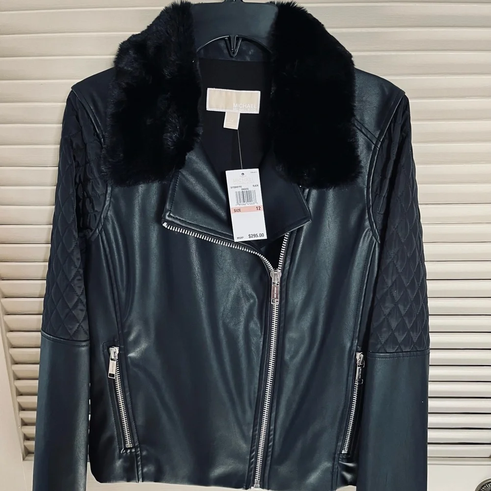 NWT Michael Kors Faux Leather Moto Jacket in Size 12- Black **Price Firm**
